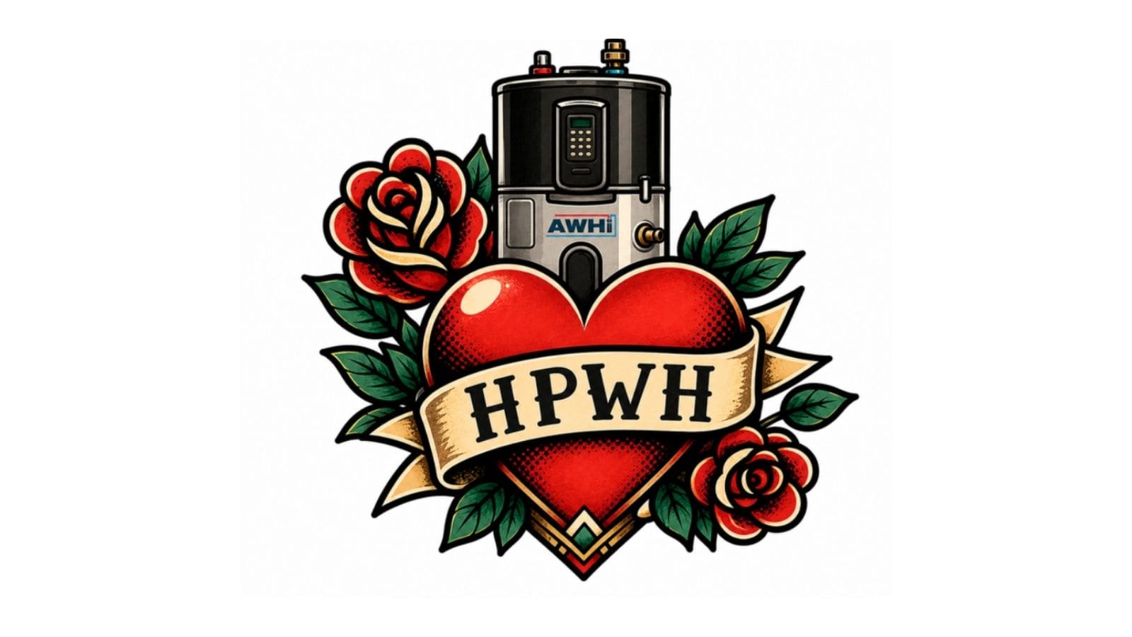 An image of a heart in front of a heat pump water heater with the letters "HPWH" superimposed.